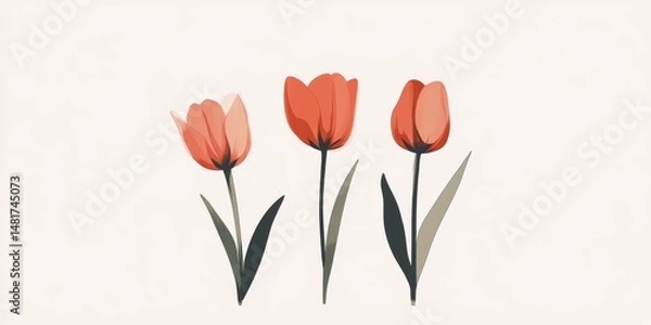Fototapeta Three vibrant orange tulips with their lush green leaves elegantly displayed on a crisp white background, creating a beautiful contrast
