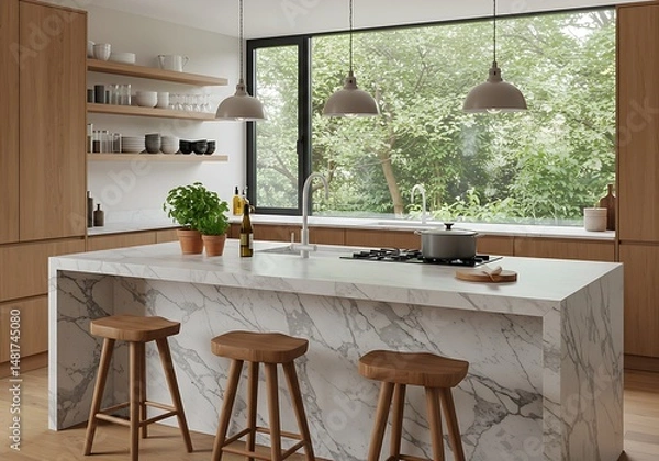Fototapeta A stylish kitchen design is presented with a white marble island and wooden seating, modern black pendant lighting, warm wooden cabinets and shelves, and a large window to the garden.
