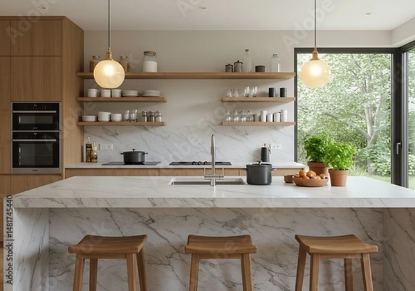 Fototapeta A contemporary kitchen with a white marble island and wooden bar stools is highlighted by black pendant lights, warm wooden cabinets, and a large window offering a garden vista