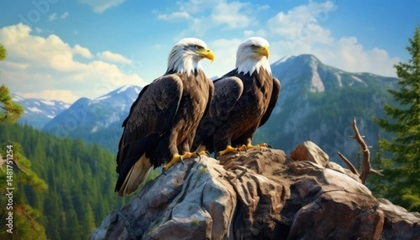 Obraz A pair of eagles stands tall on a tree trunk and large rock, with stunning landscape views