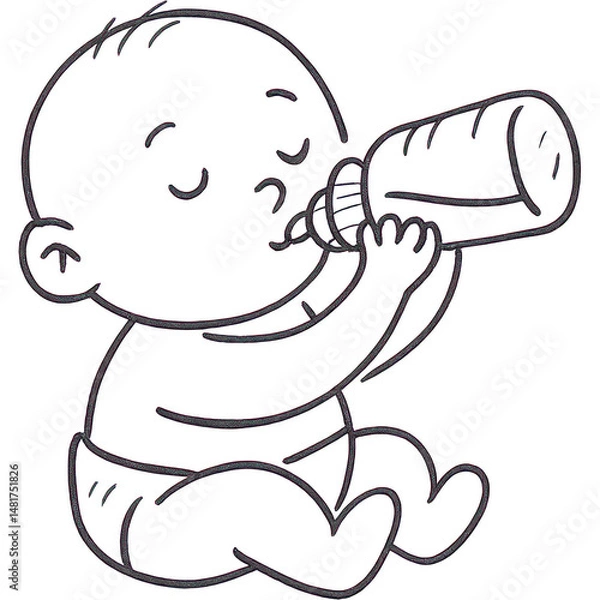 Fototapeta A cute baby sitting and drinking from a bottle, perfect for a cozy day at home.