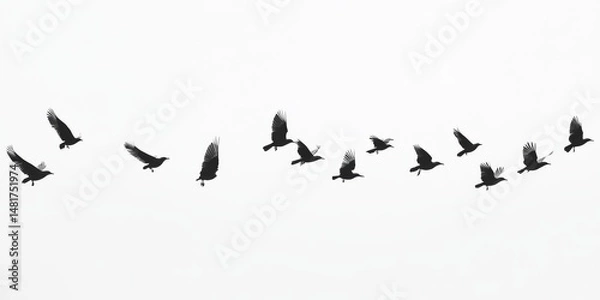Fototapeta A flock of birds gracefully flying in a perfect row against a serene white background, creating a beautiful monochrome image