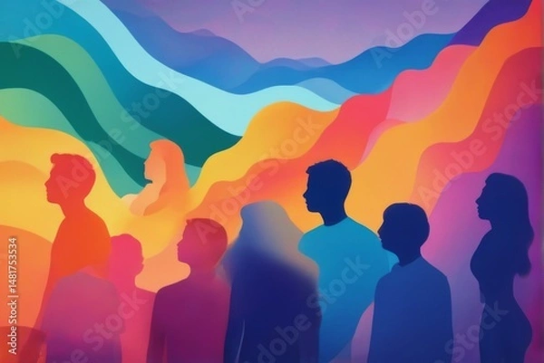 Fototapeta Vibrantly colored wave background with silhouetted group of diverse people  lively and energetic atmosphere with gradient effects.