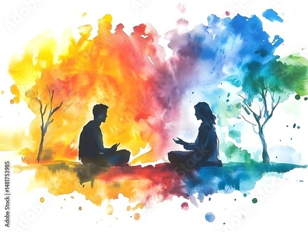 Obraz Vibrant Watercolor Conversation in Serene Setting, Generative AI