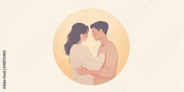 Fototapeta A soft, minimalist illustration capturing a loving couple gazing into each other’s eyes, evoking romance and connection in warm pastel tones. 