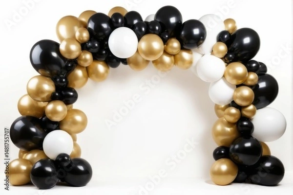 Fototapeta Stylish black and gold balloon arch isolated on white, with glossy and shiny finish, forming an elegant design.