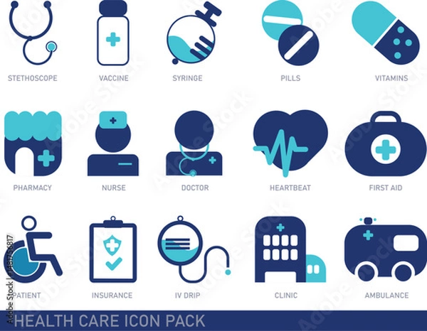 Obraz Healthcare flat vector icon set. vaccination, doctor, IV Drips, ambulance, and more. Perfect for medical apps, websites, infographics, and presentations.