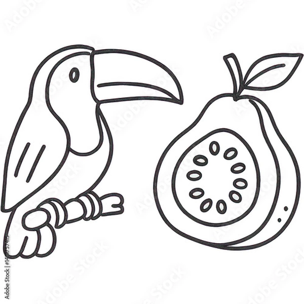 Fototapeta A vibrant toucan perched beside a ripe papaya, perfect for summer festivities.