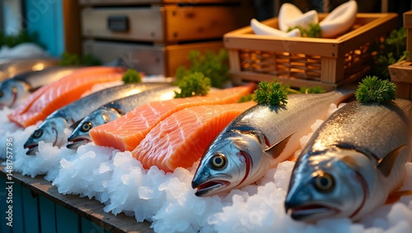 Obraz Fresh Catch, A Vibrant Display of Salmon Fillets and Whole Fish on Ice, a Seafood Market Showcase with Glistening Textures and Culinary Appeal, Inviting Healthy Eating