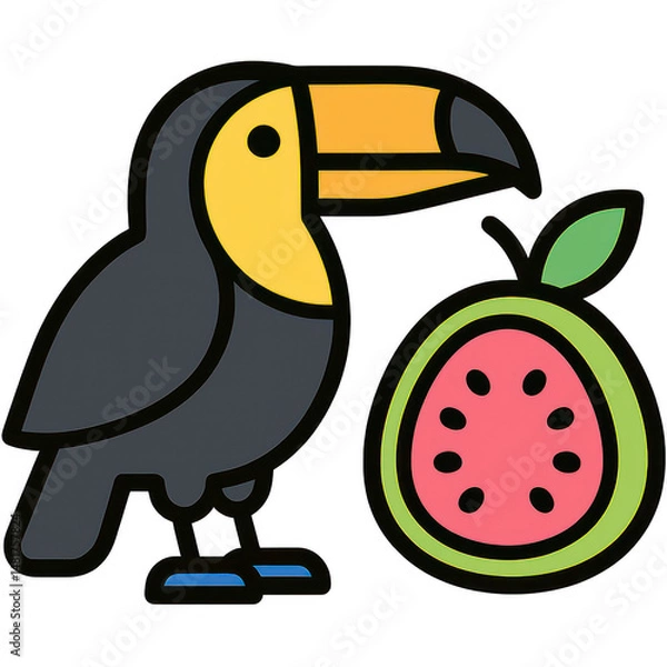 Fototapeta A colorful toucan stands beside a vibrant watermelon slice, evoking a festive summer vibe.