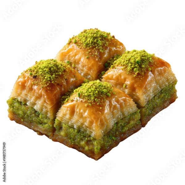 Fototapeta Delicious baklava with pistachio topping isolated on transparent or white background. A high resolution PNG image of Delicious baklava with pistachio topping.