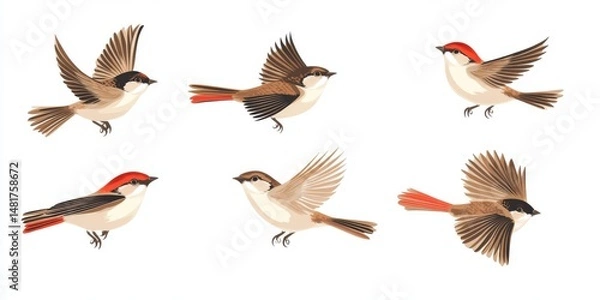 Fototapeta A vibrant set of various birds soaring and flying in multiple directions against a clean, white background that enhances their presence