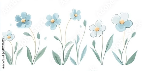 Fototapeta A beautiful row of vibrant blue flowers accompanied by lush green leaves set against a clean, white background that enhances their color