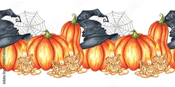 Fototapeta Pumpkins and melting candles, spider web and witch hat. Hand drawn illustration on Halloween theme. Isolated from background. Pattern horizontal, border, ribbon. For spooky decor, fall holiday, 
