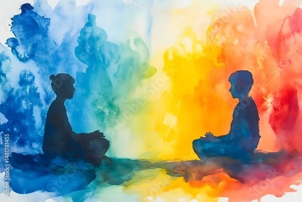 Obraz Vibrant Watercolor Conversation in Serene Setting, Generative AI