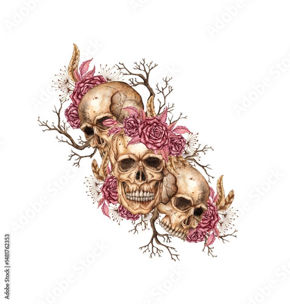 Fototapeta Skulls with dark red roses, dried flowers, feathers and branches watercolor illustration. Bones in gothic style. Day of the Dead, Halloween, Dia de los muertos. Isolated from background. Triad, 