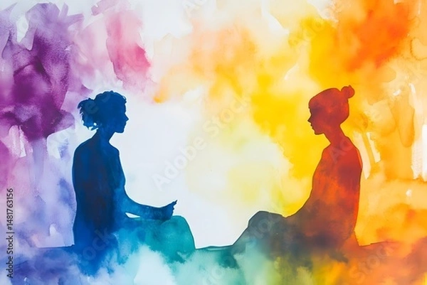 Obraz Vibrant Watercolor Conversation in Serene Setting, Generative AI