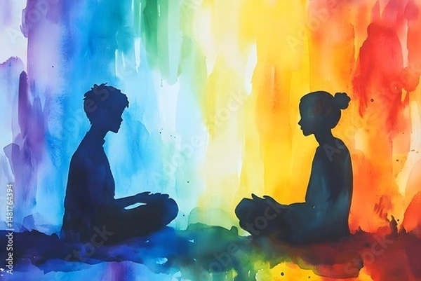Obraz Vibrant Watercolor Conversation in Serene Setting, Generative AI