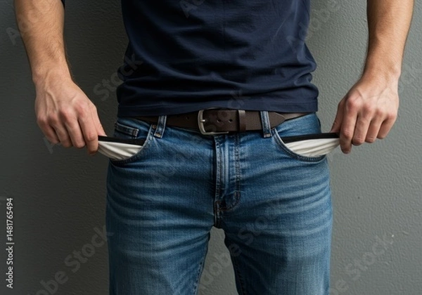 Fototapeta Photo of Person Showing Empty Pockets Indicating Poverty