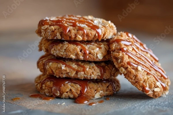 Fototapeta Stack of delicious caramel-drizzled oatmeal cookies.