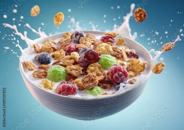 Fototapeta Colorful cereal and milk splashing in a bowl.
