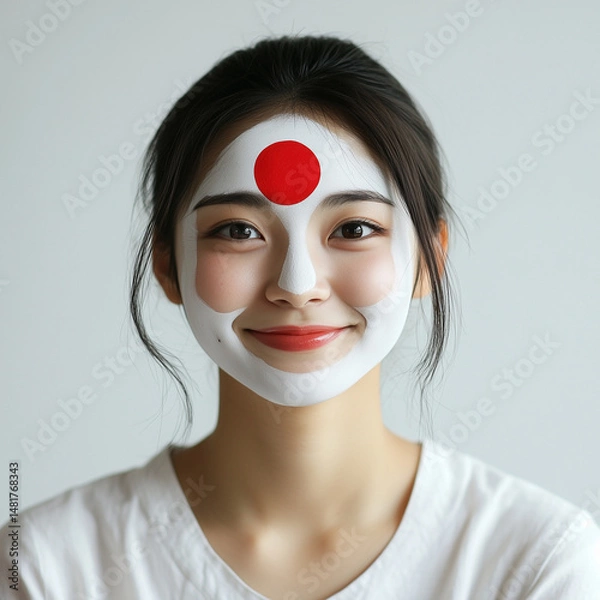 Fototapeta A woman has a vibrant red circle painted artfully on her face, making her look striking and unique in appearance