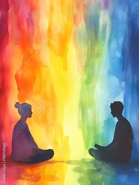 Obraz Vibrant Watercolor Conversation in Serene Setting, Generative AI