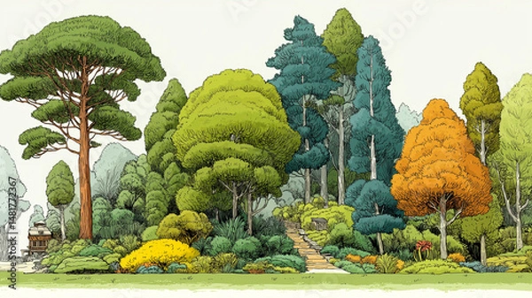 Fototapeta 色とりどりの樹木が調和する幻想的な森の風景イラスト、季節の移ろいを感じさせる自然のグラデーションが美しい、公園や庭園デザインの参考に使える高解像度背景素材