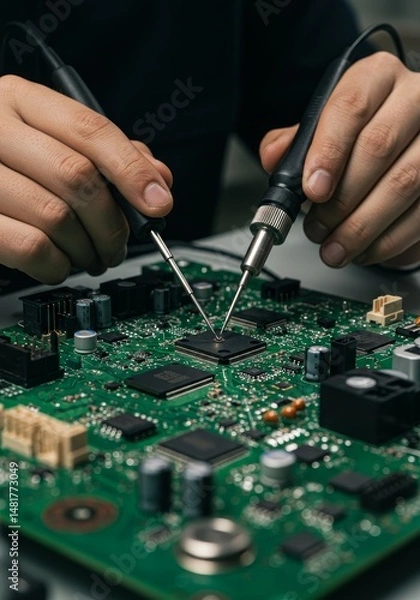Fototapeta Photo of Soldering Microchip On Green Circuit Board