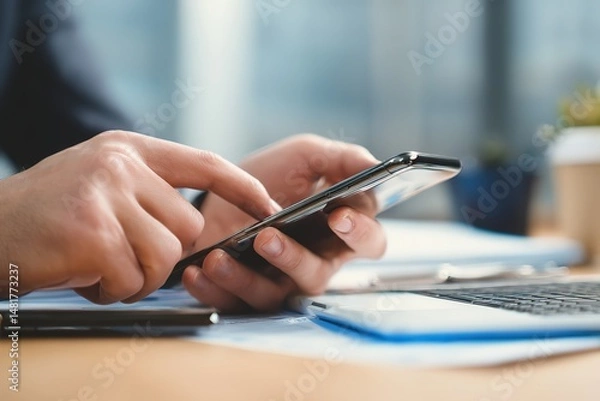 Fototapeta Close-Up of Hands Holding Smartphone, Business Person Typing on Mobile Phone at Office Desk, Modern Workflow, Digital Communication, Professional Technology Use, Productivity, Work Environment