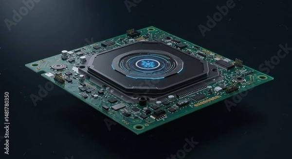 Fototapeta 3D Render Illustration: Futuristic Circuit Board with Blue Light