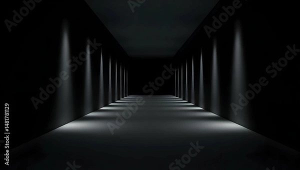 Fototapeta Monochromatic Tunnel Vision, A Dimly Lit Hallway with an Array of Subtle Lighting Effects Creates a Sense of Depth and Enigmatic Ambience Stretching into the Distance