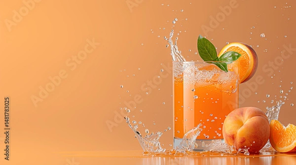 Fototapeta Radiant peach juice splash in warm orange hues, ultra-high resolution, sharp edges, centered with padding. Ideal for juice branding, food marketing, and healthy lifestyle visuals.