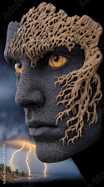 Fototapeta Detailed Portrait of an Artistic Face with Tree-Like Texture and Striking Yellow Eyes Against a Dark Stormy Background
