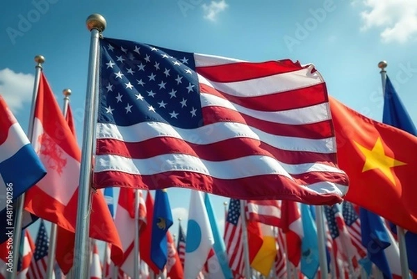 Fototapeta US flag displayed prominently among diverse flags , background image, flags of the world