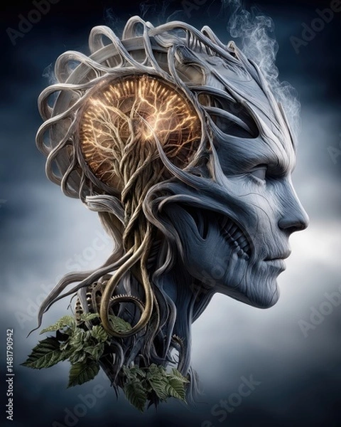 Fototapeta Ethereal Portrait of a Human-Animal Hybrid with Tree Growth as Brain, Symbolizing Nature and Science Fusion in a Dreamlike Landscape