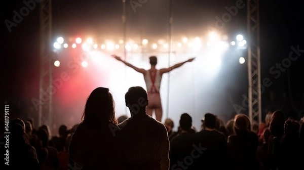 Fototapeta Captivating Trapeze Artist Leaps Through the Air With Outstretched Arms in a Dazzling Circus Show