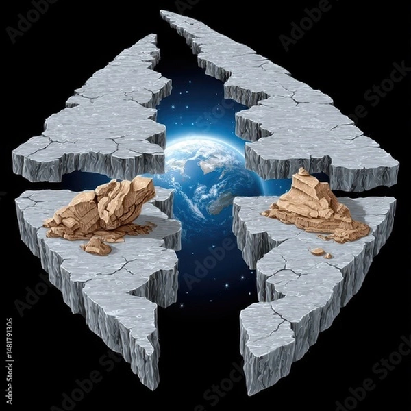 Fototapeta Surreal Landscape with Cracked Earth and Earth Planet in Background, Unique Illustration of Nature and Space Concepts, Imagination and Science Fusion