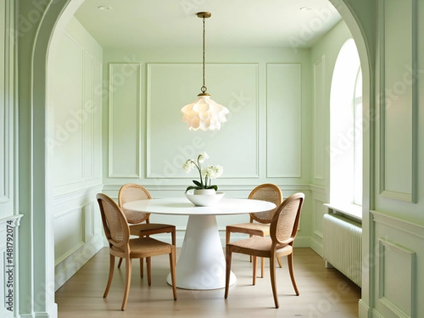 Fototapeta Serene Dining Alcove with Soft Pastel Pistachio Hue, Illuminated by a Stylish Pendant Light Fixture, Inviting Ambience for Intimate Gatherings