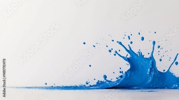Fototapeta A vibrant splash of blue paint bursts onto a blank canvas, with droplets frozen mid-air, capturing the spontaneity of creativity