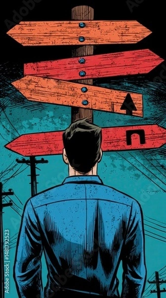 Fototapeta A Man Stands Contemplating Directional Signpost with Multiple Colorful Arrows on a Gritty Urban Background Symbolizing Life Choices and Opportunities