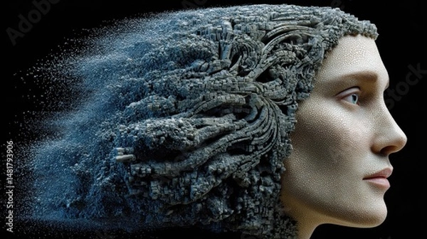 Fototapeta Futuristic Portrait of a Woman with Abstract Digital Hair Fragmentation and High Detail Visualization in a Dark Background