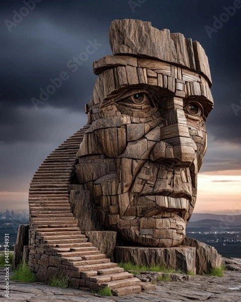 Fototapeta Majestic Wooden Sculpture with Staircase Representing Human Emotion Against Dramatic Sky