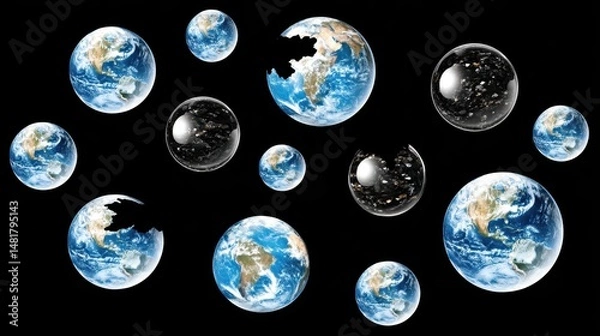 Fototapeta Surreal Concept of Earths in Various States Surrounded by Cosmic Elements and Black Matter in a Dark Universe Background