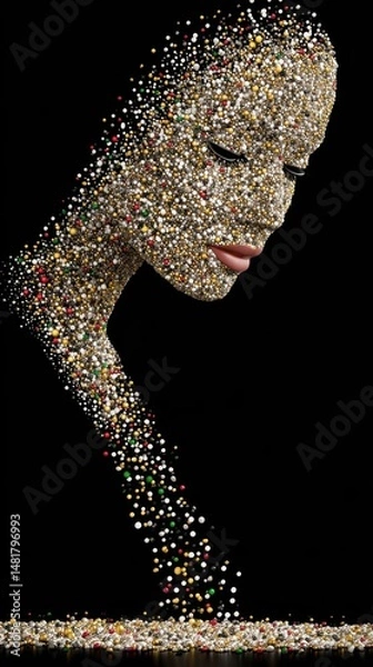 Fototapeta Artistic representation of a woman's face made from a colorful array of small beads and rounded objects, creating a captivating visual effect and texture