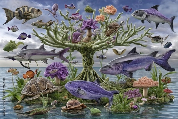 Fototapeta Underwater Fantasy: Vibrant Marine Life Surrounds a Coral Tree with Diverse Fish, Turtles, and Colorful Flora in a Stunning Seascape
