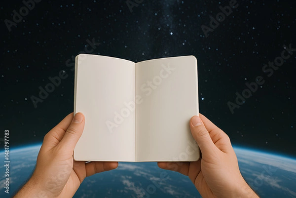 Obraz Blank Notebook for Mockup or Edit with Outer Space and Earth Background