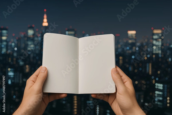 Obraz Blank Notebook for Mockup or Edit with Blurred City Lights at Night Background