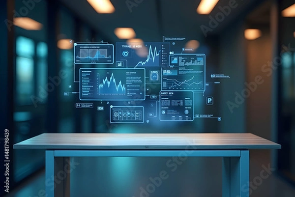 Fototapeta Sleek Modern Workspace with Holographic Data Visualization for Enhanced Productivity and Futuristic Collaboration in a Tech-Forward Environment