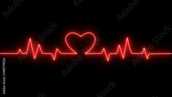 Obraz Glowing red neon Heartbeat line icon illustration. Neon digital heartbeat plus image icon.
